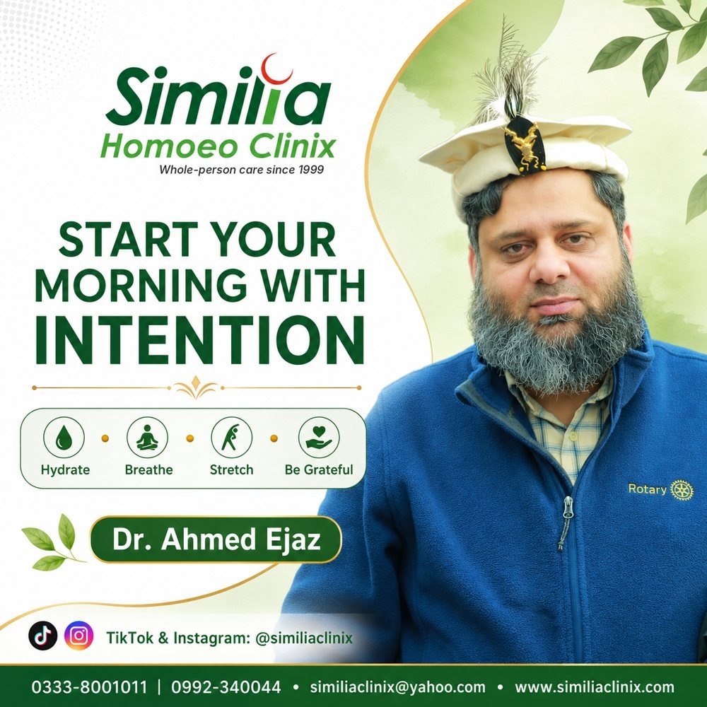 Wellness post by Dr. Ahmed Ejaz: Start your morning with intention. Hydrate, breathe, stretch and be grateful.