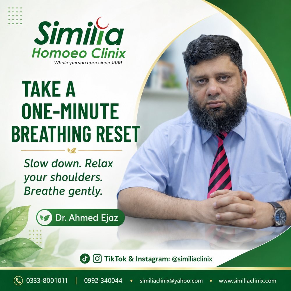 Wellness post by Dr. Ahmed Ejaz: Take a one-minute breathing reset. Slow down, relax your shoulders and breathe gently.