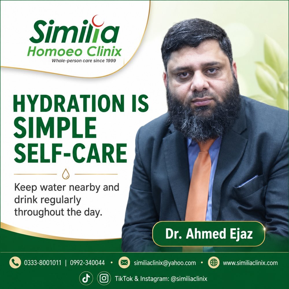Wellness post by Dr. Ahmed Ejaz: Hydration is simple self-care. Keep water nearby and drink regularly through the day.