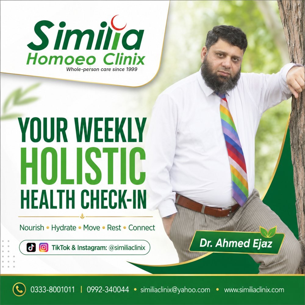 Wellness post by Dr. Ahmed Ejaz: Your weekly holistic check-in. Nourish, hydrate, move, rest and connect.
